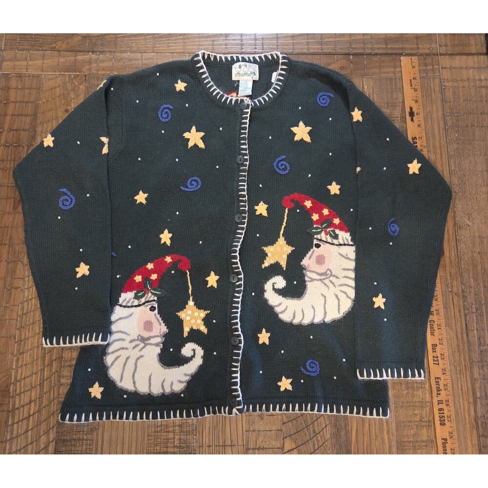 The Quacker Factory Green M Cardigan Sweater Moon In Cap Christmas Holiday